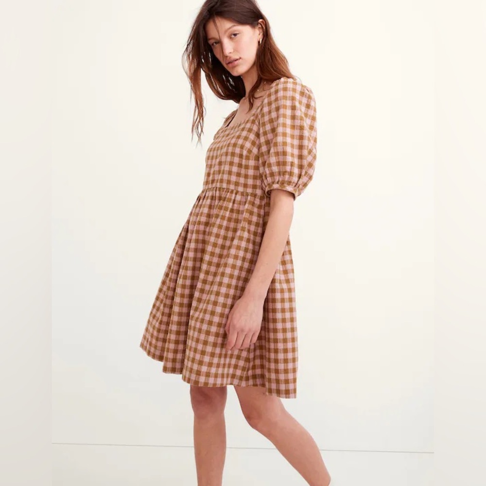 NWT Madewell Square-Neck Puff-Sleeve Dress Pink/green Gingham Seersucker Medium